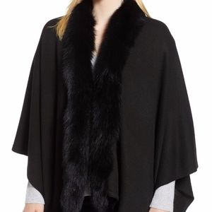 SOLD. NEW La Fiorentina Black Wool Blend Open Sweater Wrap Fox Fur Trim One Size